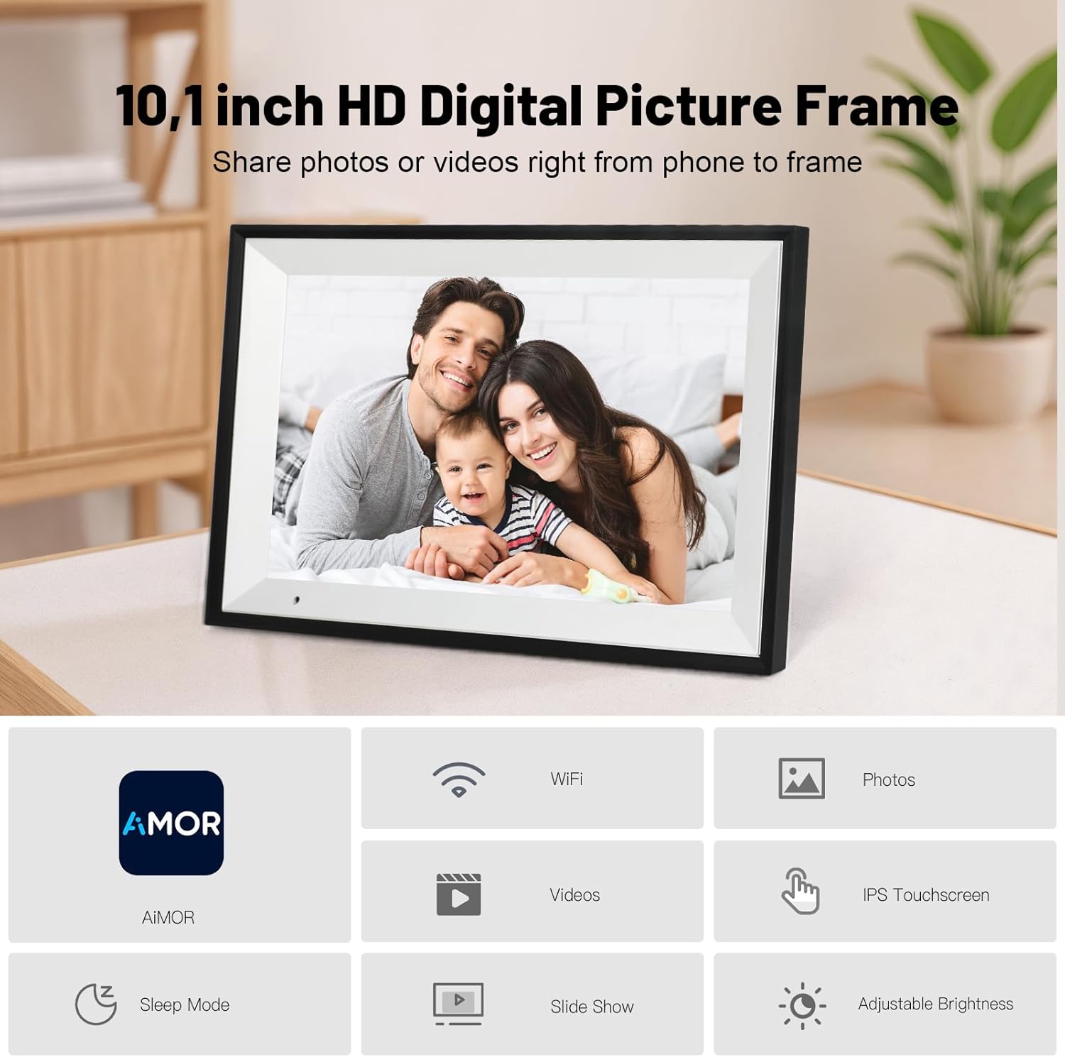 Linkdaze 10.1 Inch Digital Picture Frame with 1280*800 HD IPS Touch Screen, Smart Digital Photo Frame Built-in 32GB Memory, Auto-Rotate Easy Setup to Share Photos or Videos via AiMOR APP